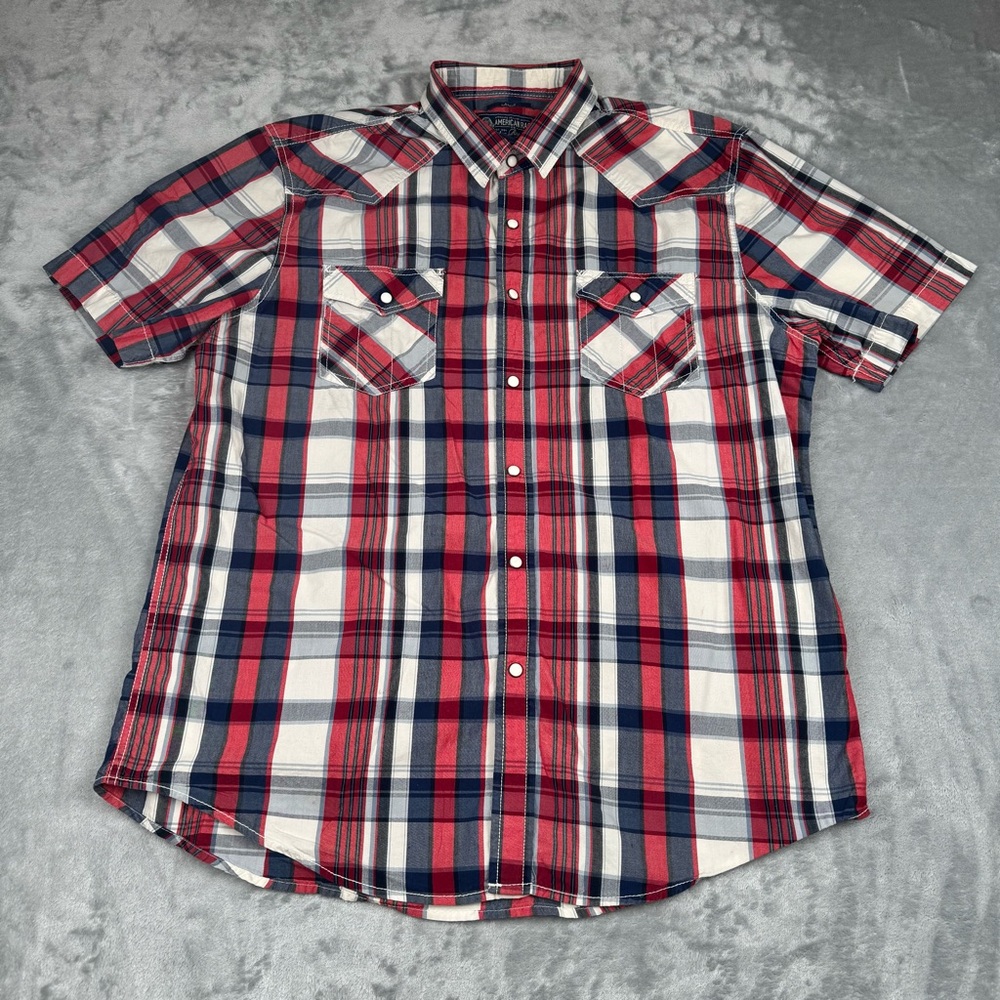American Rag Plaid Shirt Mens L Red White Blue Plaid Button Up Short Sleeve